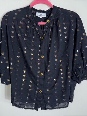 Never A Wallflower Black Metallic Heart Short Sleeve Blouse-Button Front-Small